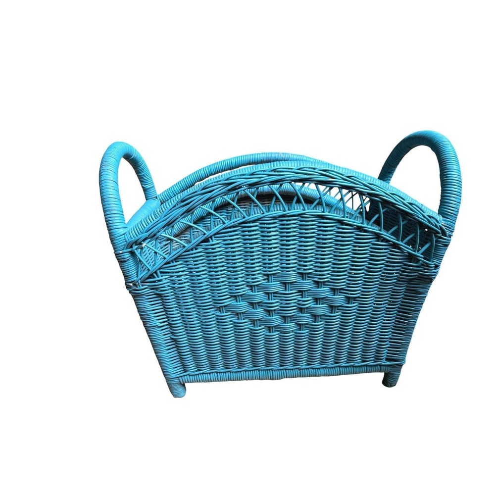 Vintage Turquoise Blue Wicker Magazine Rack Boho Rattan Floor Holder Handles